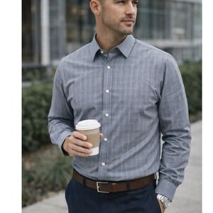 Arrow Mens Fitted Dress Shirt Large 16.5 32/33 Micro Stripe Plaid Wrinkle Free